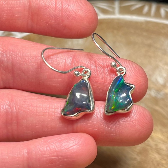 Black Ethiopian Opal Raw Form 925 Sterling Silver Earrings - Picture 12 of 12